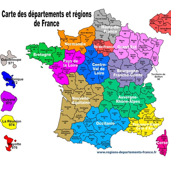 carte des départements français en couleurs