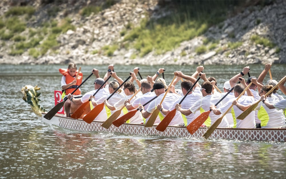 rameurs d'aviron en plein effort qui évoquent le réseau associatif de partenaires