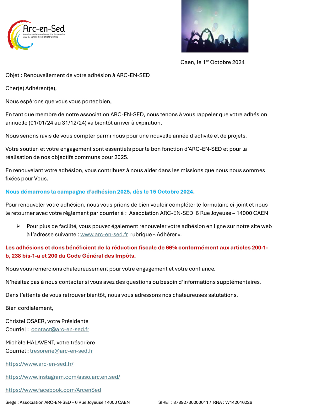 Courrier renouvellement adhésion 2025