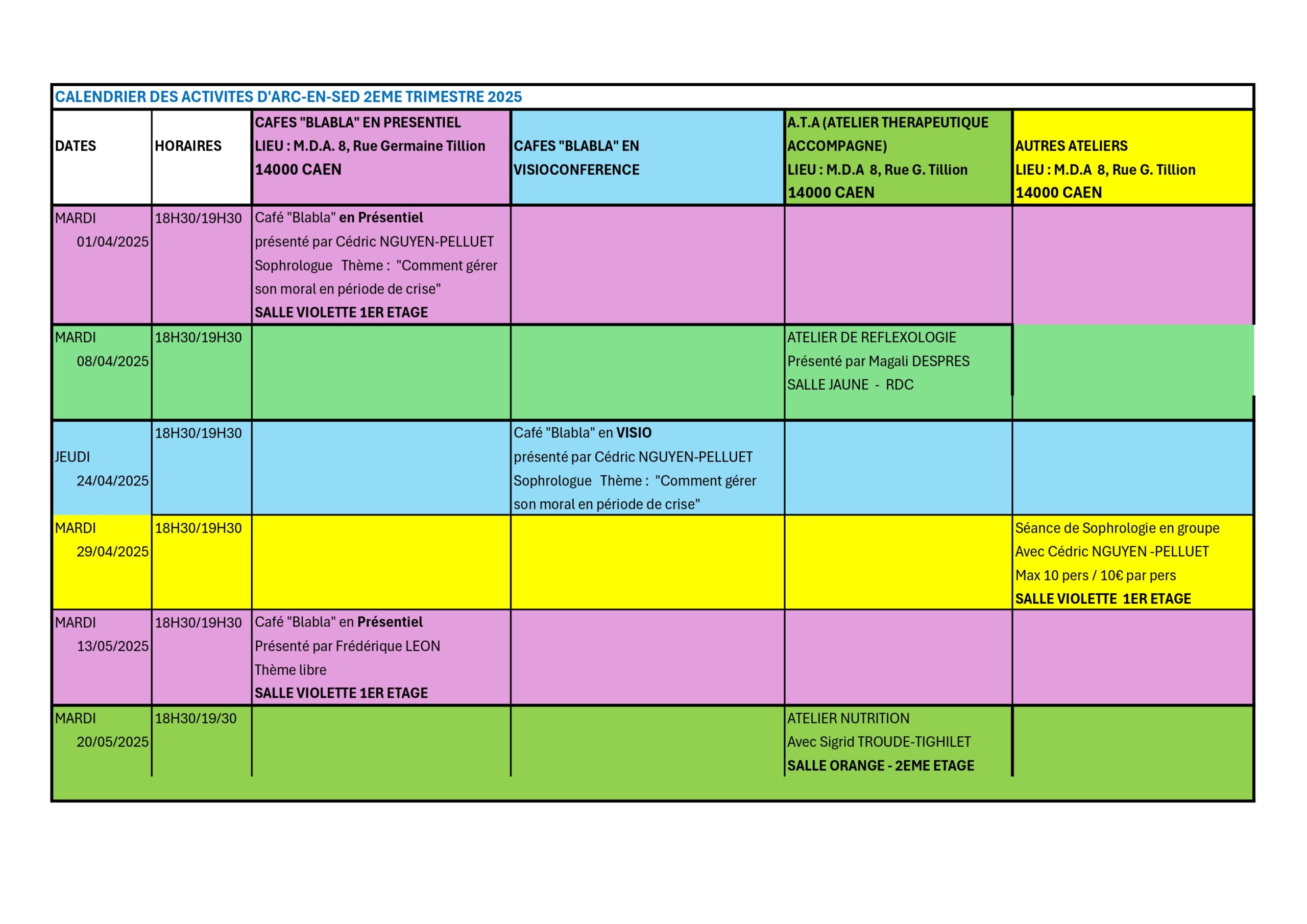 Calendrier des activités