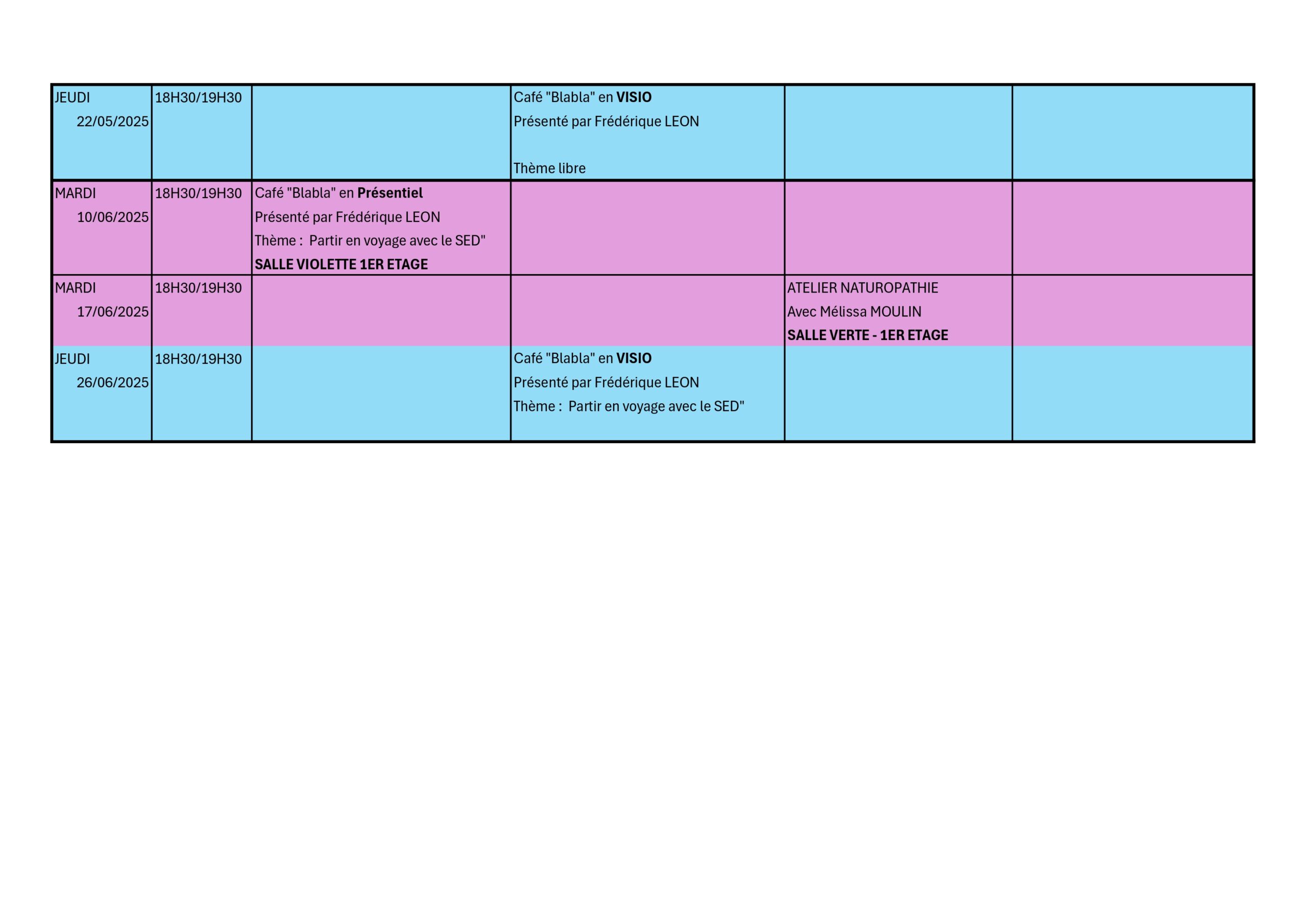 Calendrier des activités de 2025